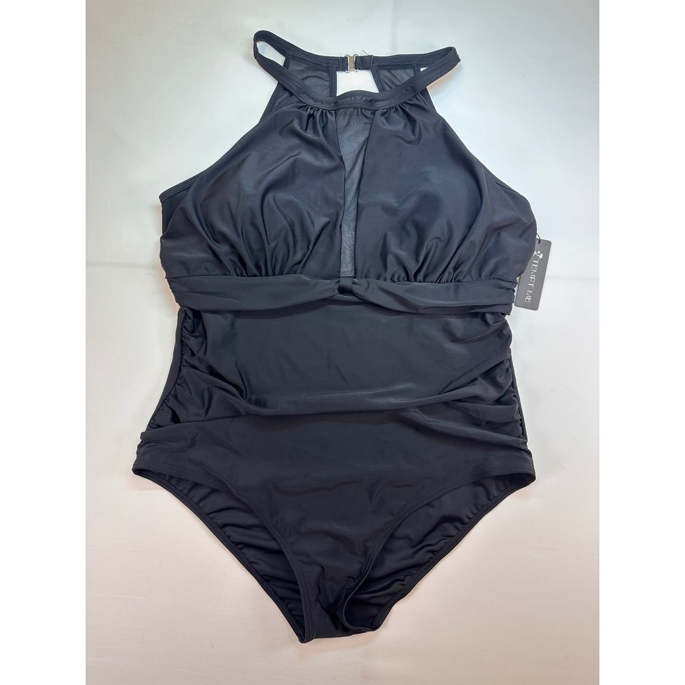 Tempt Me Women Black High Neck Mesh OnePiece Swimsuit Tummy Control Size 18W NWT